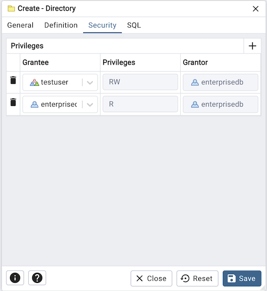 Directory dialog security tab