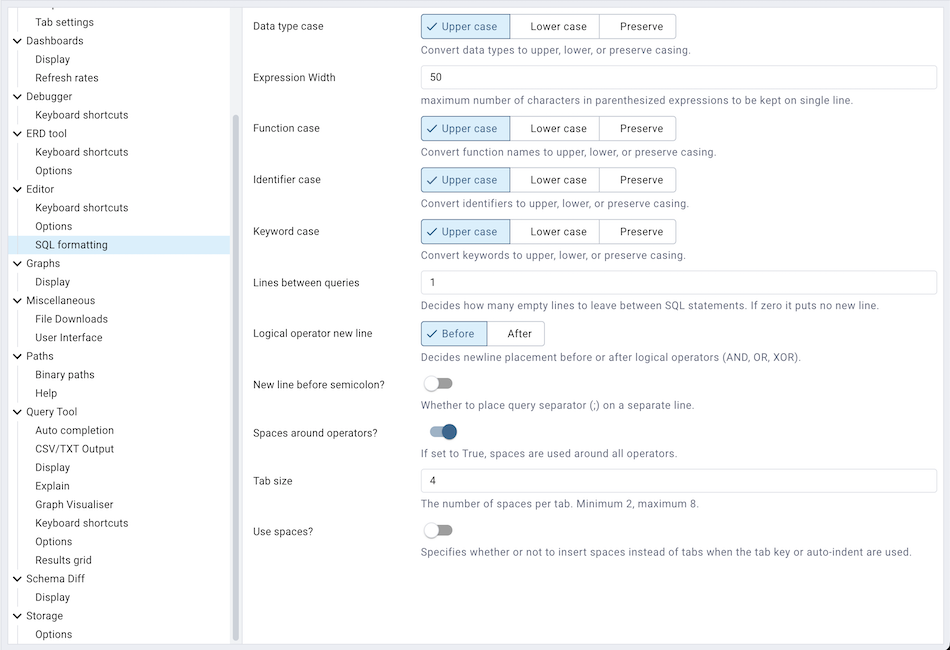 Preferences SQL Formatting section
