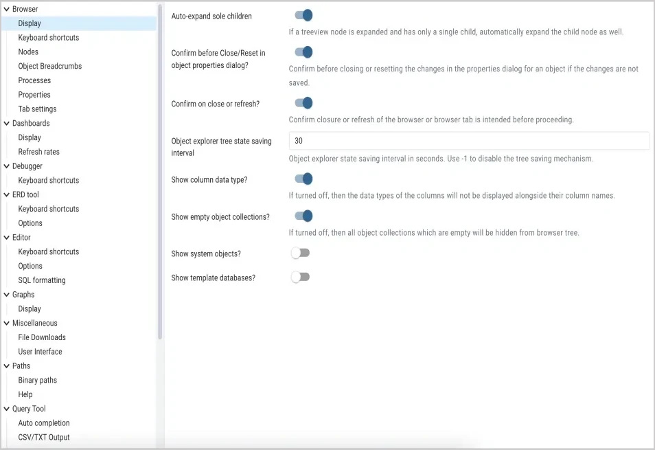 Preferences browser display options